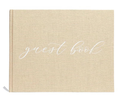 Pearhead Libro de visitas de boda de lino beige con escritura blanca, boda elegante, decoración de boda simple, regalo de despedida de soltera, marfil