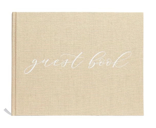 Pearhead Libro de visitas de boda de lino beige con escritura blanca, boda elegante, decoración de boda simple, regalo de despedida de soltera, marfil