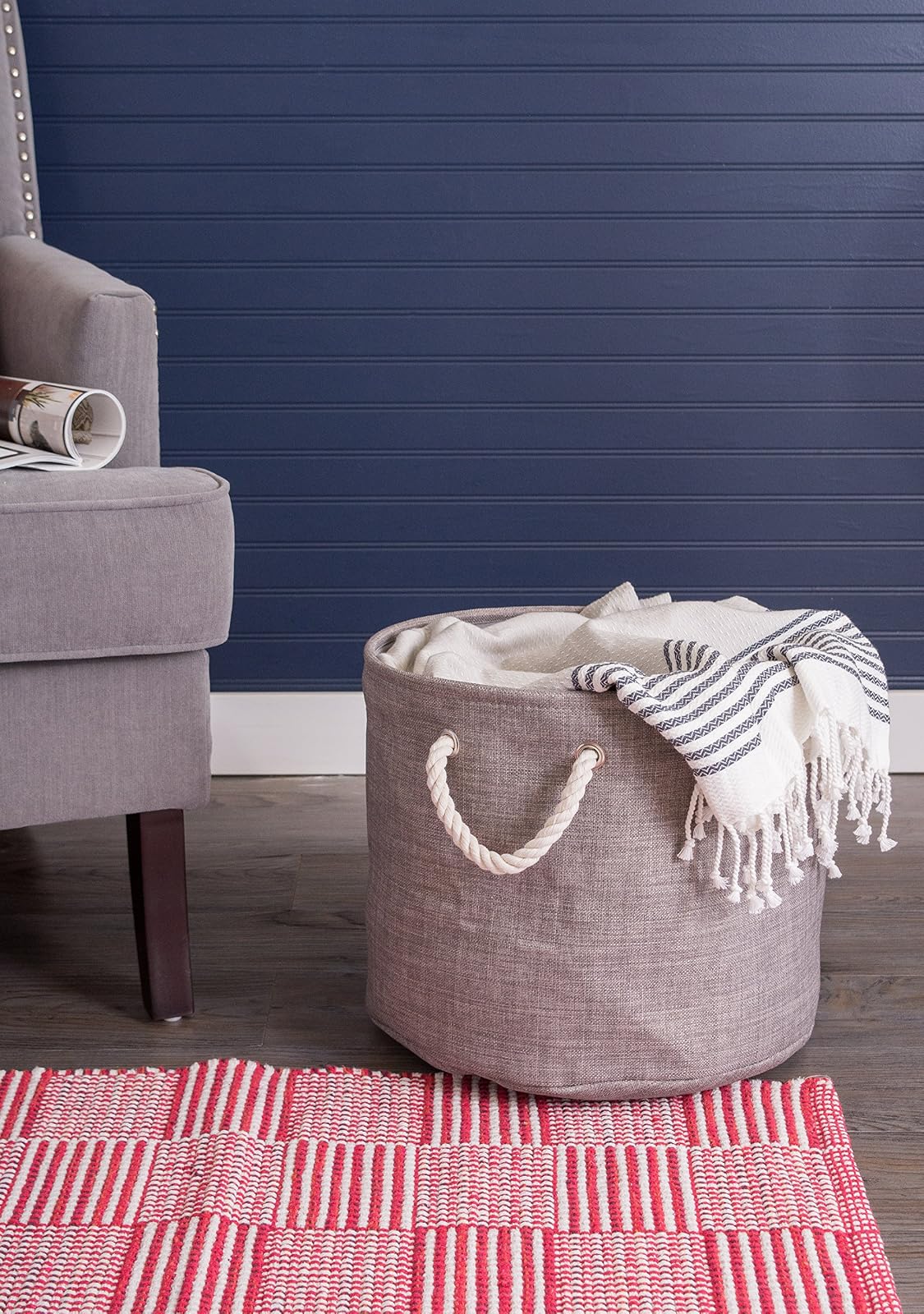 DII, Collapsible Variegated Polyester Storage Bin with Cotton Handles Medium Round Gray