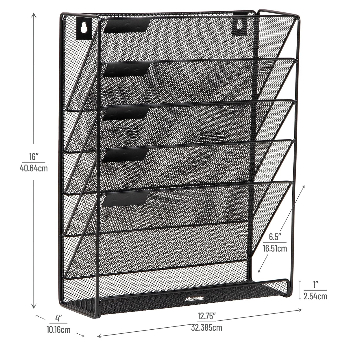 Betesh Mind Reader 5-Tier Vertical File Storage, Desktop Organizer, Wall Mount, Office, Metal Mesh, 12.75" L x 4" W x 16" H, Black