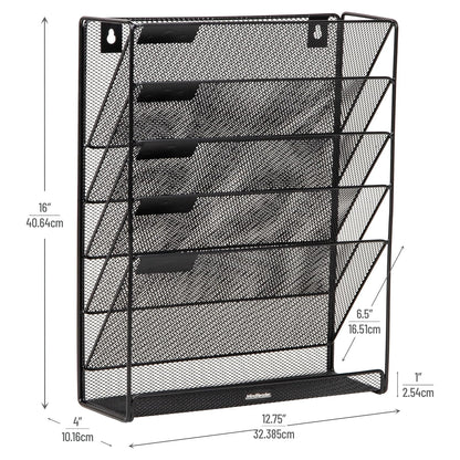 Betesh Mind Reader 5-Tier Vertical File Storage, Desktop Organizer, Wall Mount, Office, Metal Mesh, 12.75" L x 4" W x 16" H, Black