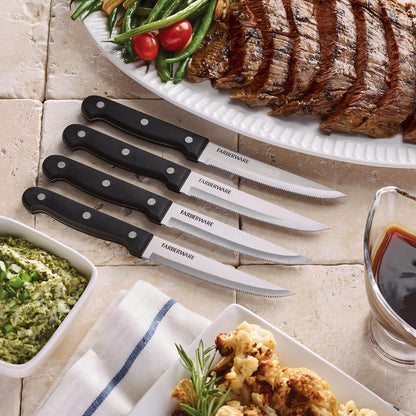 Farberware Juego de 4 cuchillos de carne de acero inoxidable con triple remache 'Never Needs Sharpening', color negro
