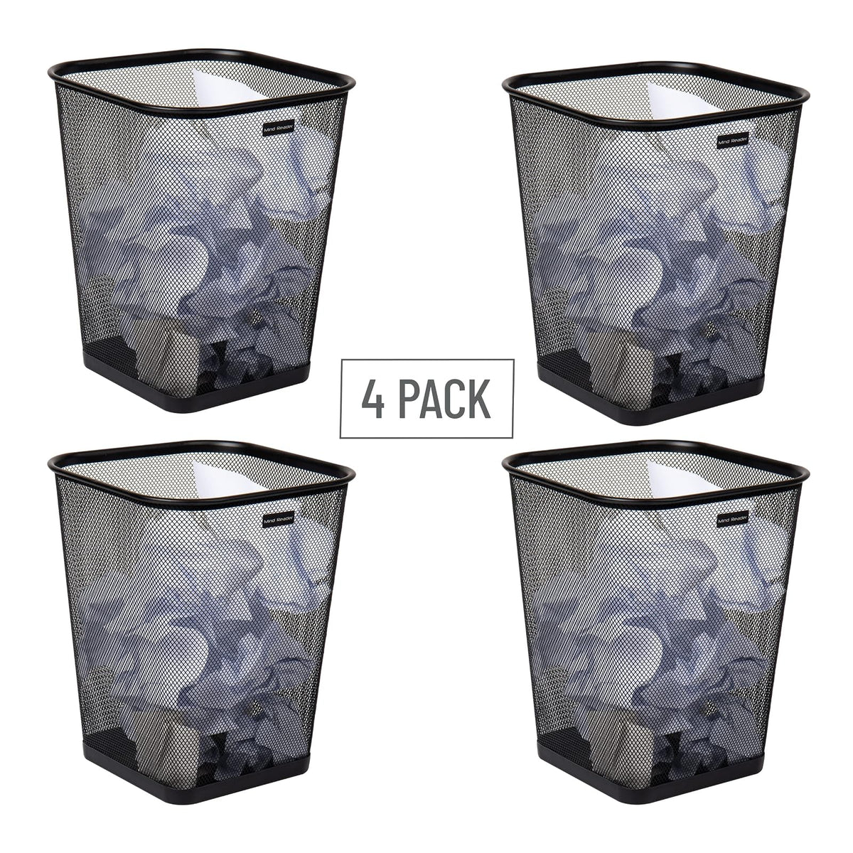 Mind Reader Mesh Trash Can, Waste Paper Basket, Square, Office, Metal Mesh, 9.75" L x 9.75" W x 12.25" H, Set of 4, Black