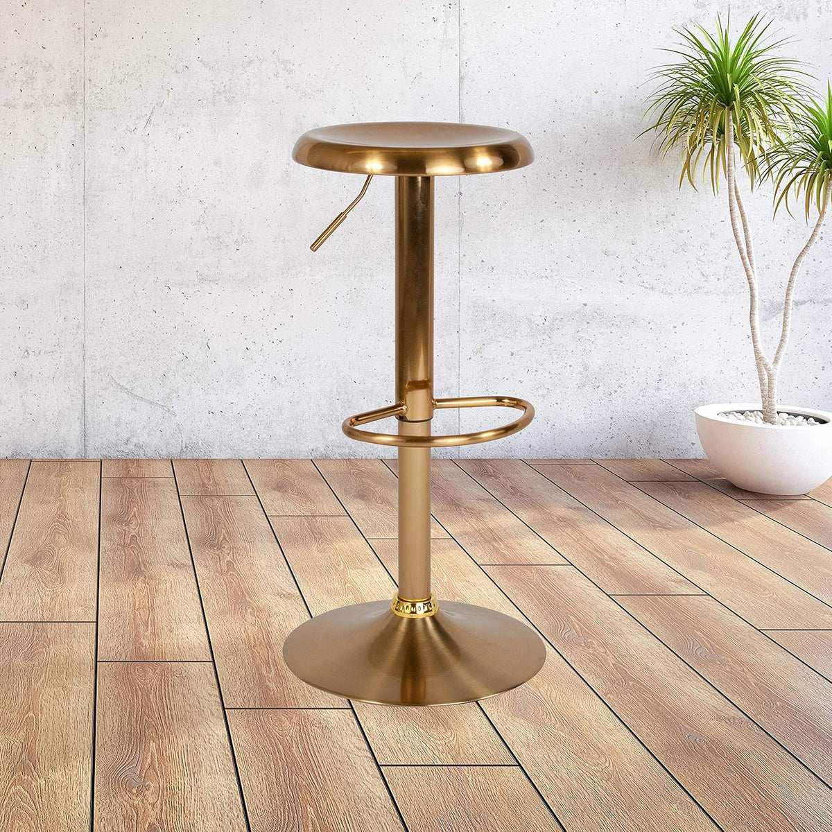 Flash Furniture Madrid Series Taburete de Metal Retro de Altura Ajustable con reposapiés, Barra Ajustable sin Respaldo o Taburete Giratorio de Altura de mostrador, Dorado