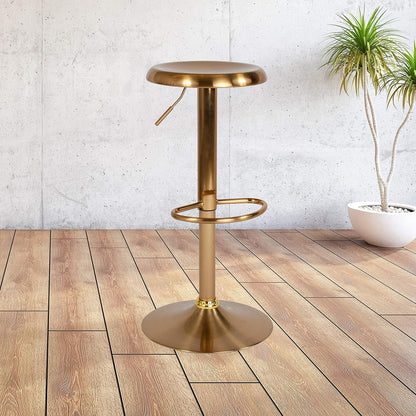 Flash Furniture Madrid Series Taburete de Metal Retro de Altura Ajustable con reposapiés, Barra Ajustable sin Respaldo o Taburete Giratorio de Altura de mostrador, Dorado