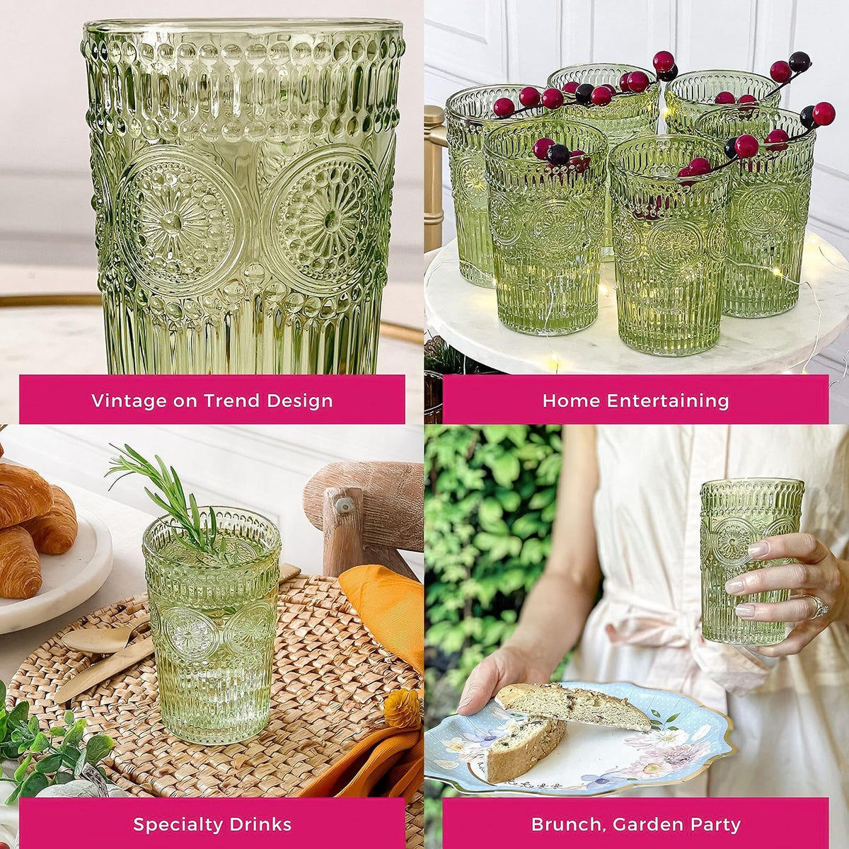 Juego de vasos de vidrio con relieve clásico de 6 a 13 onzas para agua, té helado, cócteles, cristalería de colores para cocina, vasos clásico, bonitos vasos de vidrio, vasos bohemios
