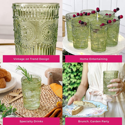 Juego de vasos de vidrio con relieve clásico de 6 a 13 onzas para agua, té helado, cócteles, cristalería de colores para cocina, vasos clásico, bonitos vasos de vidrio, vasos bohemios