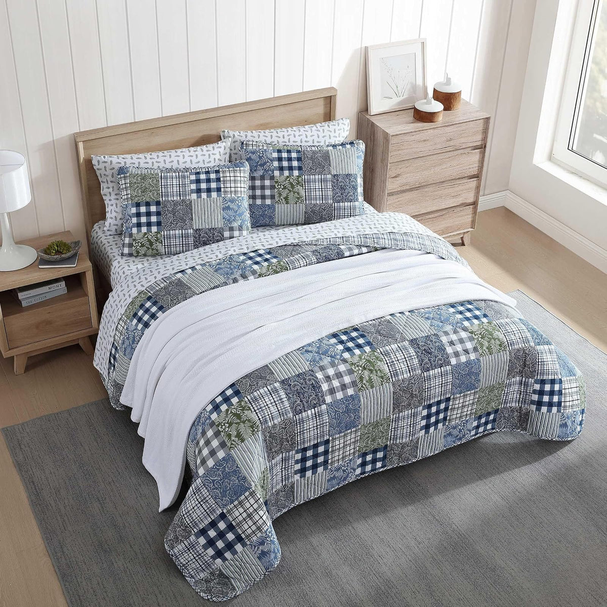 Eddie Bauer - Juego de edredón individual, ropa de cama de algodón reversible con funda a juego, decoración del hogar con reverso a cuadros (acogedor patchwork a cuadros azul/verde, tamaño individual)