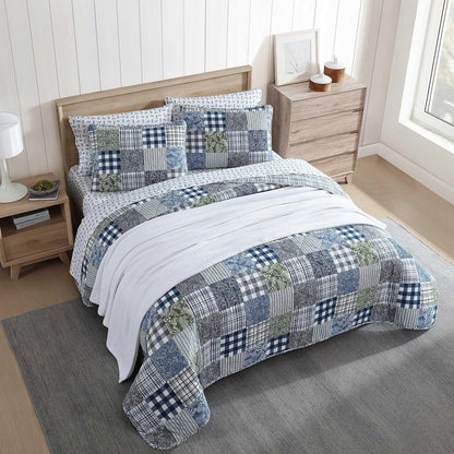 Eddie Bauer - Juego de edredón individual, ropa de cama de algodón reversible con funda a juego, decoración del hogar con reverso a cuadros (acogedor patchwork a cuadros azul/verde, tamaño individual)
