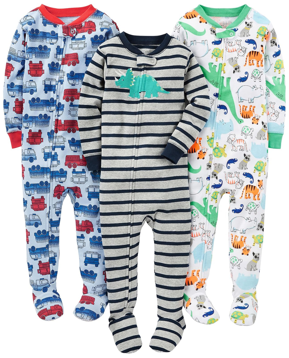 Simple Joys by Carter's Paquete de 3 Pijamas de Algodón con Pies - Camión de bomberos - dinosaurios - animales verde - 2 Años - Paquete de 3 pijamas de algodón con pies ajustados