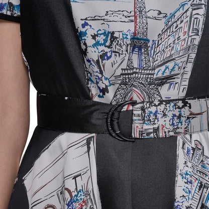 Karl Lagerfeld Short Sleeve Hanky Hem Tie Waist Printed Twill Midi Dress Vestido Informal Mujer