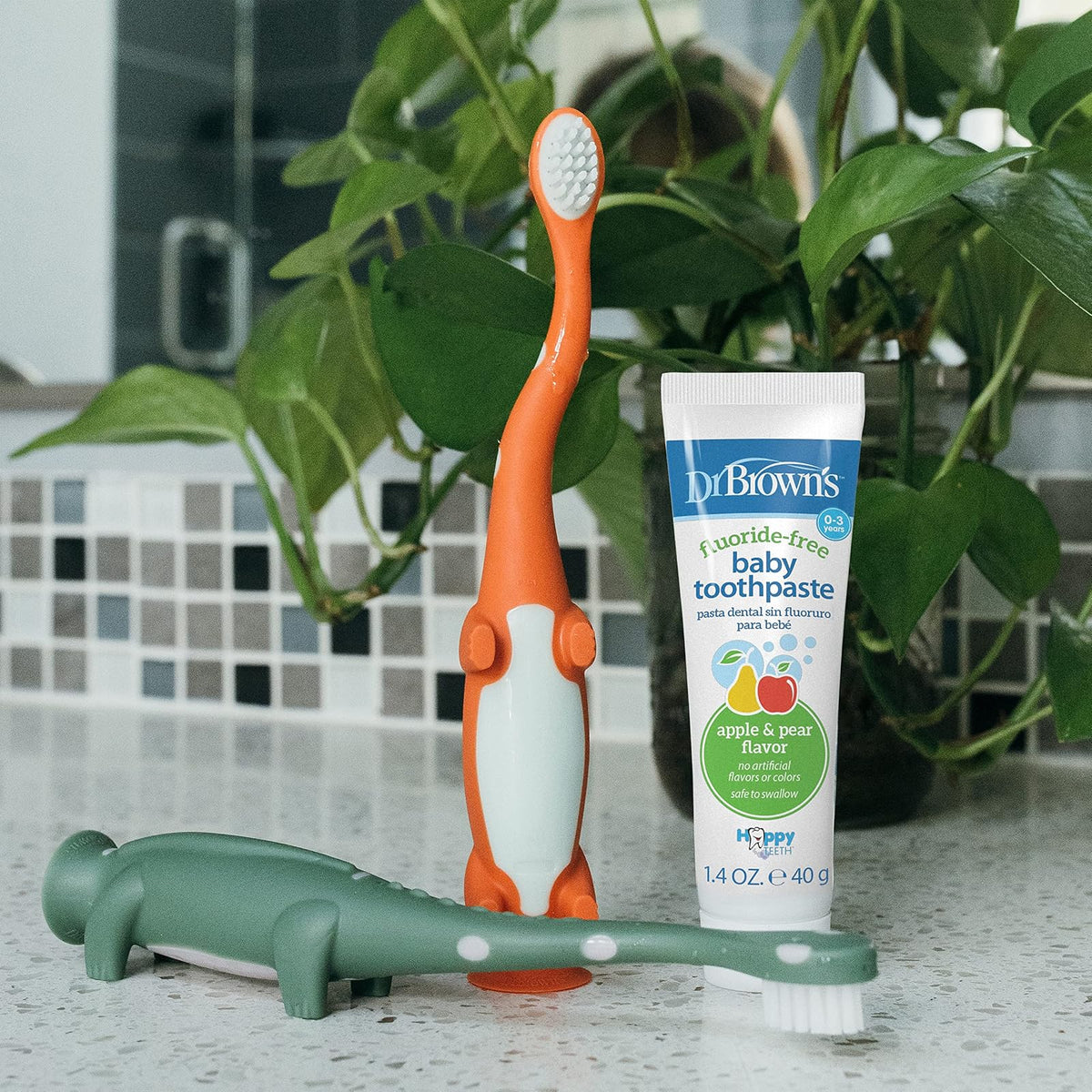 Dr. Brown's - cepillo para polvo de dientes para bebés y niños pequeños, dinosaurio verde y naranja, paquete de 2, 1-4 años