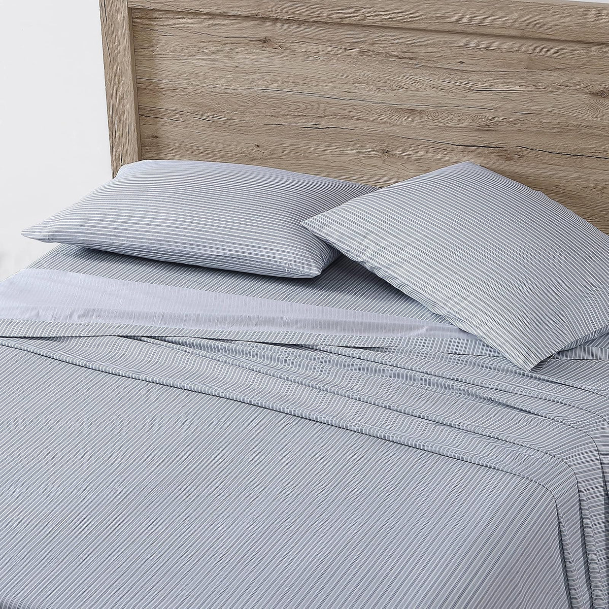 Eddie Bauer Juego de Sábanas Percal de Algodón - Individual Extra Grande - Rayas azul - blanco
