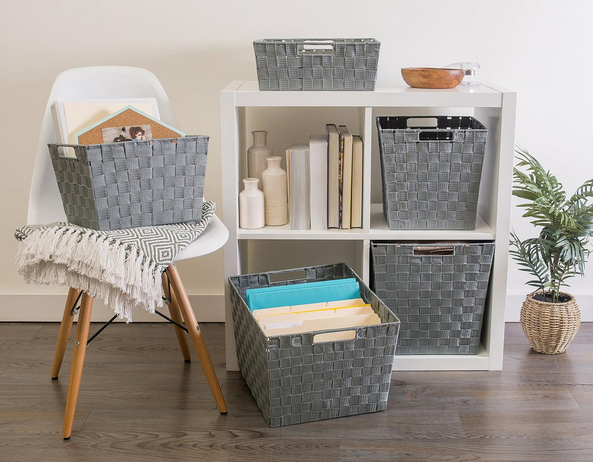 DII Duradero contenedor de almacenamiento de nailon tejido trapezoidal o canasta para organizar tu hogar, oficina o armarios, Gris, Bandeja, 1, 1