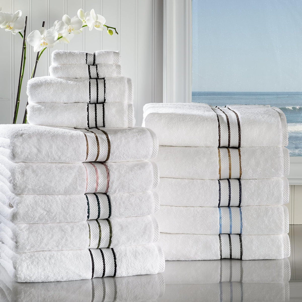 Superior, Hotel Collection 900 gram, Superior, 100% Premium Long-Staple Combed Cotton, 6 Piece Towel Set, White with Black Border