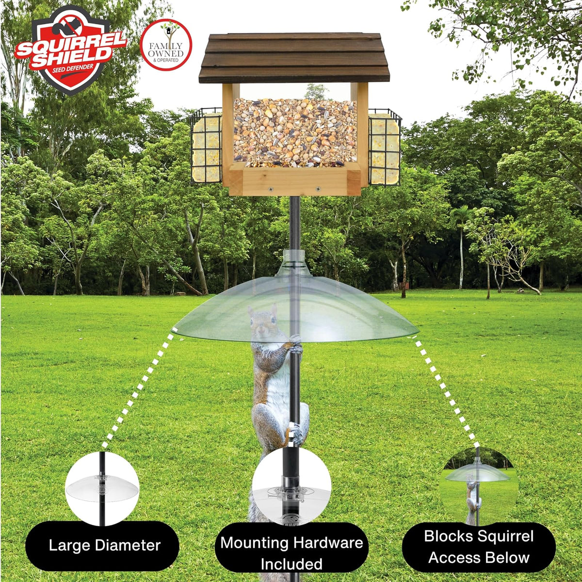 Squirrel Shield - Deflector de ardilla de plástico de 16 pulgadas para comedero de semillas de aves silvestres al aire última intervensión, a prueba de ardillas, protege comederos colgantes y