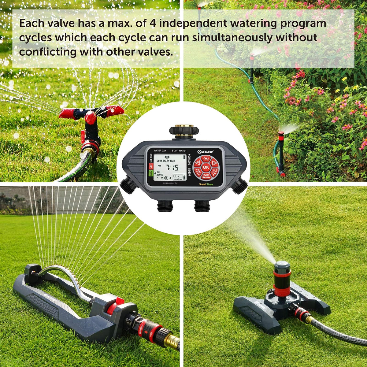 Eden 93413 Temporizador Digital programable de Agua de 4 Zonas, Compatible con Sensor inalámbrico de Humedad del Piso