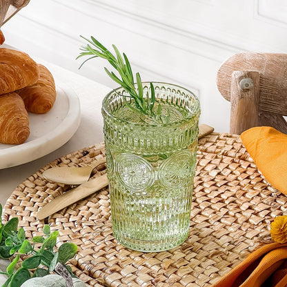 Juego de vasos de vidrio con relieve clásico de 6 a 13 onzas para agua, té helado, cócteles, cristalería de colores para cocina, vasos clásico, bonitos vasos de vidrio, vasos bohemios