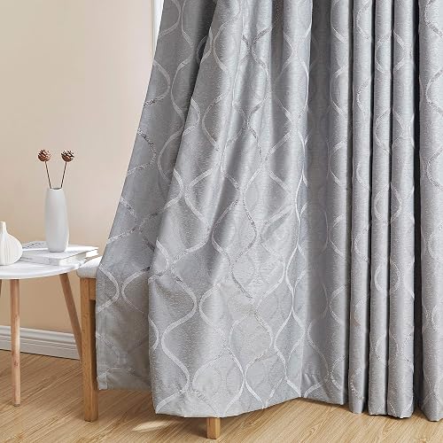 HLC.ME Cortina de aislamiento térmico, enrejado flocado, 100 % de oscurecimiento completo, con ojales, ahorro de energía e insonorización, ideal para sala y recámara, juego de 2, Moderno, Gris claro, 50 W x 96 L, 1