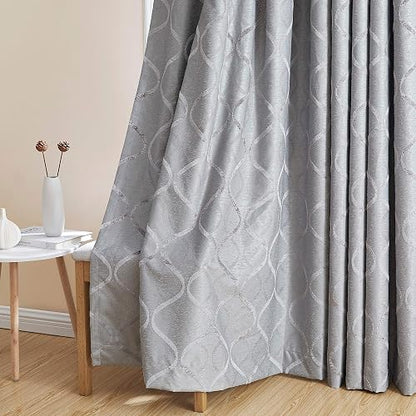 HLC.ME Cortina de aislamiento térmico, enrejado flocado, 100 % de oscurecimiento completo, con ojales, ahorro de energía e insonorización, ideal para sala y recámara, juego de 2, Moderno, Gris claro, 50 W x 96 L, 1