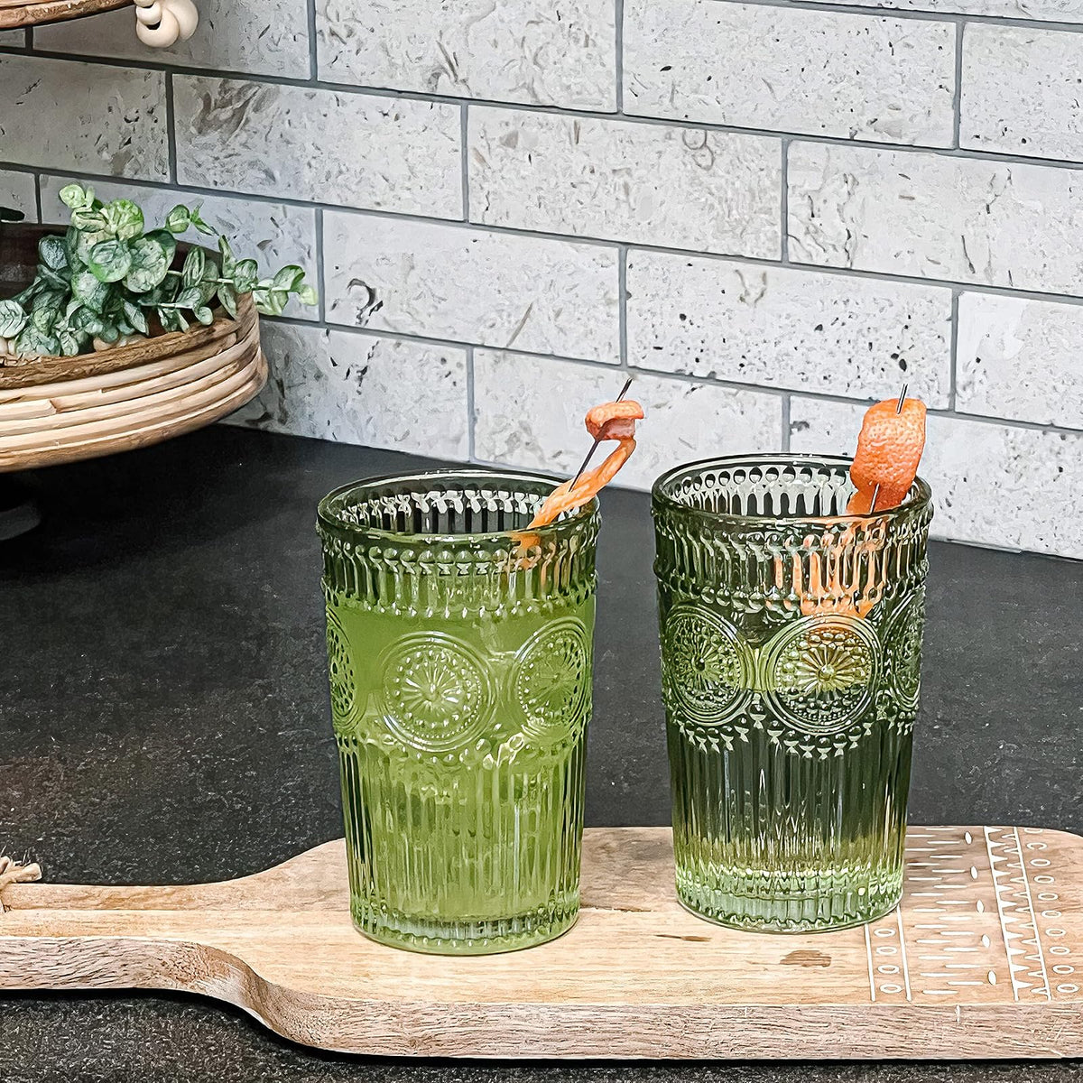 Juego de vasos de vidrio con relieve clásico de 6 a 13 onzas para agua, té helado, cócteles, cristalería de colores para cocina, vasos clásico, bonitos vasos de vidrio, vasos bohemios