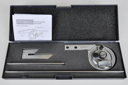 Fowler 52-440-612 transportador biselado de acero inoxidable con lente de lupa, acabado chapado en cromo satinado, cuchillas de 6 a 12 pulgadas, lectura de dial 5 minutos